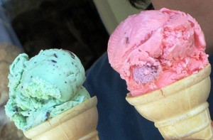 Green and Pink ice cream, ice cream cones