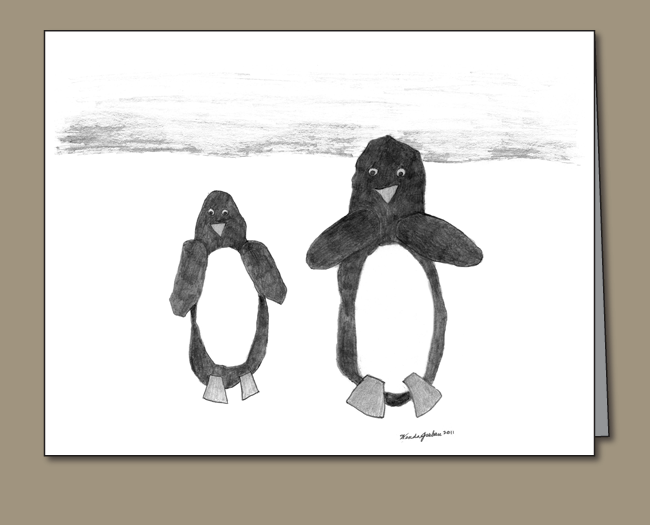 penguins, penguin art, penguin drawing, pencil drawing, children's penguin art, penguin note card, note card,