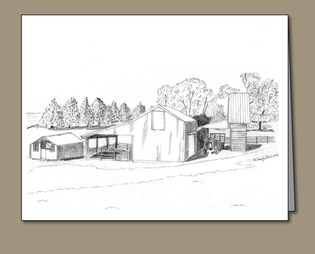 chicken house, brooder house, pencil sketch of a chicken coop, rural building greeting card, farm building greeting card, calf shed, corn crib, hay wagon,
