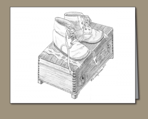 Baby shoes, baby shoes on cedar chest, baby shoes pencil sketch, Baby shoes greeting card,