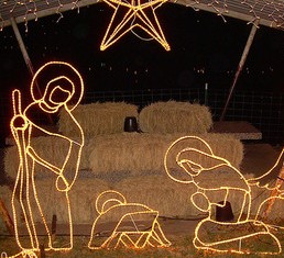 straw bales, manger scene, Christmas star, Christmas lights,