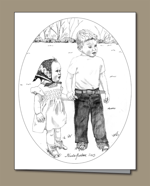 children holding hands, boy and girl in vintage clothing, boy, girl, boy and girl holding hands, pencil drawing,