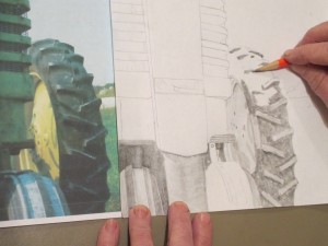 photo of tractor, tractor, John Deere vintage tractor, pencil sketch, pencil technique,