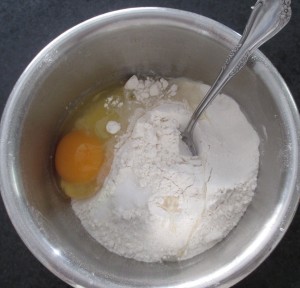 dumpling ingredients, egg in dumpling mix,