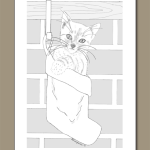 white kitten, white kitten pencil sketch, Christmas stocking, Kitten Christmas card,